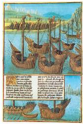 Gurutzatuak Konstantinoplara iristen, XV. mendeko irudi batean.<br><br>